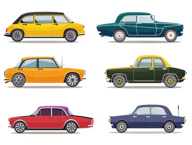 Klasik klasik klasik araba koleksiyonu, renkli retro otomobiller izole edilmiş beyaz arka plan. Yan görüş sarı, mavi, turuncu, kırmızı, yeşil, donanma klasik arabaları, detaylı vektör çizimleri. Düz tasarım biçimi