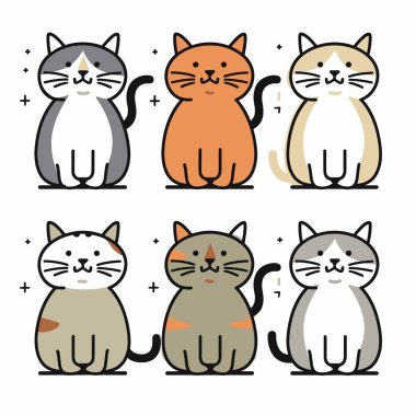 Altı sevimli çizgi film kedisi sırıtarak oturuyor, kedi farklı desenler sergiliyor gri, turuncu, beyaz kürk, basit illüstrasyon tarzı düz çizgiler düz renkler