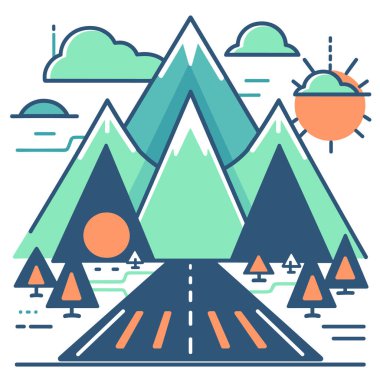 Stylized vector illustration mountain landscape featuring road leading towards tall mountain range under sunny sky. Artistic design using geometric shapes, cool tones, minimalist approach suitable clipart