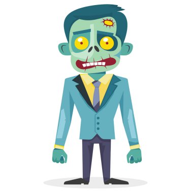 Çizgi roman zombi işadamı kendine güvenerek ayakta duruyor. Sarı kravat takan zombi karakter, ölümsüz ofis çalışanı. Yeşil ten sarısı gözler, Cadılar Bayramı temalı vektör çizimi