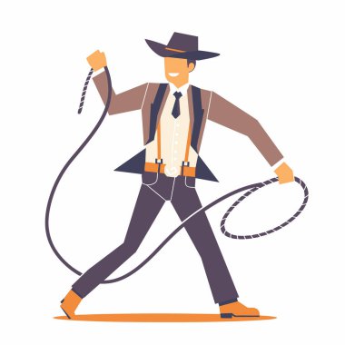 Kovboy karakteri kementle sallanıyor, arka planda batı kıyafetleri giyiyor. Erkek figürü, Vahşi Batı tarzı kement çevirici, şapka botları giyiyor, özgüven yayıyor. Canlandırılmış kovboy illüstrasyonu