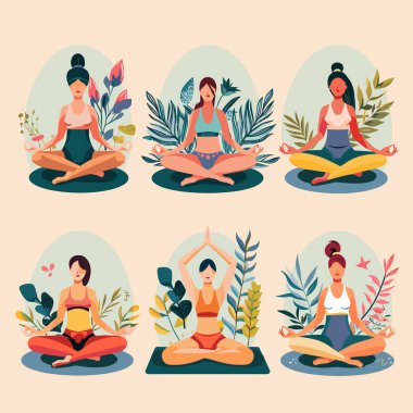 Altı kadın yoga pozu çalışıyor. Etrafı yeşilliklerle çevrili. Panelde farklı yoga pozları var. Etnik çeşitlilik saçı, dingin meditasyon ortamlarını betimledi