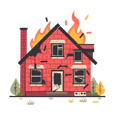 Kırmızı tuğla ev alevleri yuttu, görünür hasar, acil durum tasvir edildi. Çizgi film stili yanan ev illüstrasyonu, ateşli felaket konsepti, canlı renkler. Konut yangını, güvenlik
