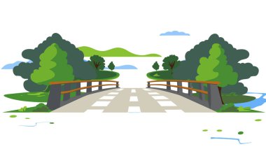 Huzurlu nehrin üzerinden geçen çizgi film köprüsü, açık gökyüzünün altında yemyeşil ağaçlar. Huzurlu kırsal alandan geçen basit bir yol, büyüleyici ahşap köprüye öncülük ediyor. Düz tasarım