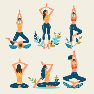 Yoga yapan kadınlar etrafı dekoratif yapraklarla çevrili, denge, esneklik ve sükunet gösteren pozlar veriyorlar. Farklı yoga pozisyonları, ayakta durmak, sağlık durumunu göstermek gibi.