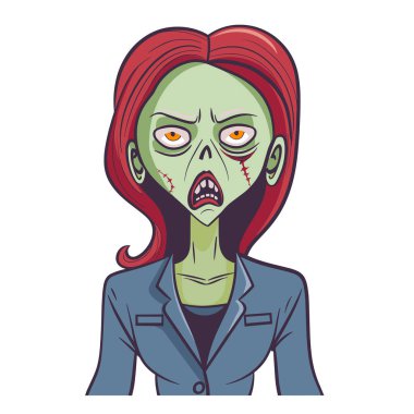 Angry female zombie cartoon character wearing attire, red hair, green skin, stitched. Office zombie female, horrorthemed cartoon, undead illustration. Angry lady clipart