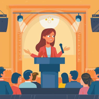 Kadın konuşmacı kürsüsü, konferans salonu, profesyonel sunum, iş semineri. Kadın konuşmacı konuşma yapıyor, dinleyici dinliyor, eğitim dersi veriyor. Kendinden emin.
