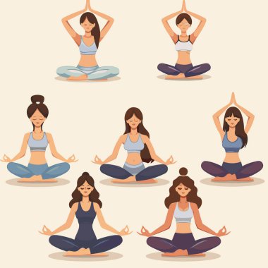 Yoga yapan altı kadın, meditasyon egzersizleri, karakter gösterileri, rahat duruş, yoga pozisyonları, lotus pozu, dua pozisyonu, günlük spor kıyafetleri.