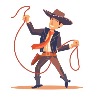 Geleneksel kovboy kıyafetleri içinde sallanan genç kovboy kementi. Çizgi film karakteri, kahverengi, siyah çizmeli, kovboy şapkalı. Gülümseyen kovboy ip atma becerileri, hazır rodeo etkinliği