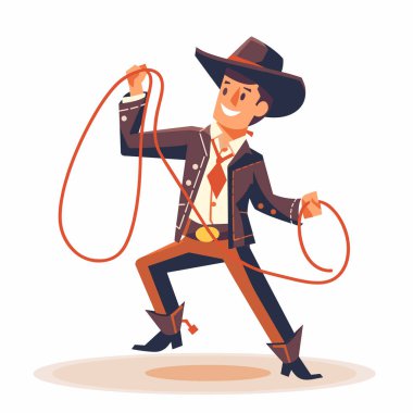 Genç erkek kovboy kement atıyor, geleneksel batı kıyafetleri giyiyor, rodeo becerileri sergiliyor. Şapka, çizme, halat hareketli duruş, kahverengi ceket.