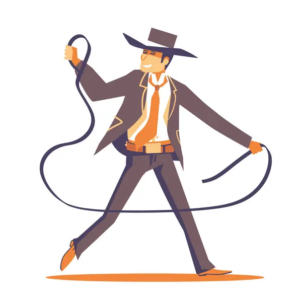 stock vector Cowboy swinging lasso confidence style, dressed western attire. Animated male character twirling rope dynamic pose, decked out classic cowboy fashion. Illustration showcases exaggerated motion