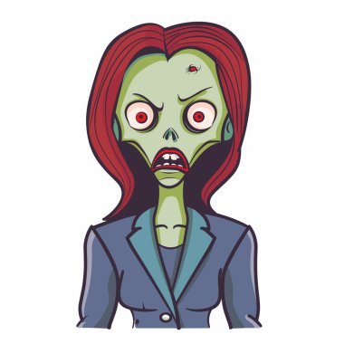 Stresli görünen zombi iş kadını, ölümsüz ofis çalışanı kıyafeti, kadın zombi kızıl saçı. Çizgi film, yeşil derili geniş gözlü sinekler, dehşet temalı karakter çizimleri. Mesleki kıyafet sıkıntısı