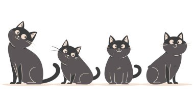 Dört siyah beyaz çizgi film kedisi yan tarafta duruyor, seyirciye bakıyor, kedi eşsiz bir poz ifadesine sahip, çizgi film tarzı tasarımı. Basit sevimli hayvan grafiği, ideal evcil hayvan içeriği