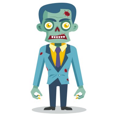 Zombi iş adamı karikatür çizimi takım elbise kravatı takıyor ve ölümsüz görünüyor. Çizgi roman zombisi iş kıyafeti, yeşil deri, kanlı lekeler, korkunç bir ifade. Canlandırılmış erkek