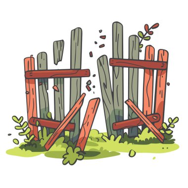 Cartoon illustration broken wooden fence surrounded greenery. Wooden planks disrepair, leaning odd angles amidst grass leaves. Damaged garden barrier suggested needing repair, set against isolated clipart