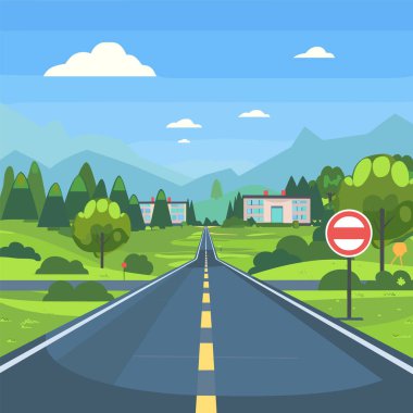 Düz yol, dağ sıraları modern binalara doğru gidiyor. Yol kenarında giriş işareti yok, hava açık. Huzurlu manzara, yeşil manzara, mavi gökyüzü.