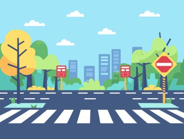 Çizgi film şehir çizimi vektör çizimi, zebra trafik ışıklarını geçiyor uyarı işareti. Parlak güneşli şehir manzarası, yaya geçidi şehir çevresi. Canlı çizgi film stili şehir sokağı, ağaçlar