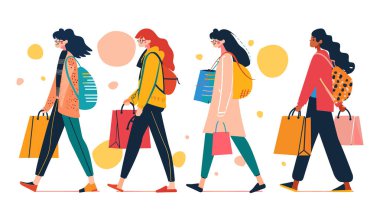 Gruptaki genç kadınlar günlük kıyafet alışverişi çantaları renkli köpüklerle yürüyen sırt çantaları. Arkadaşlar etnik kökenleri karıştırıp alışveriş torbaları taşıyarak sokakta dolaşıyorlar. Moda illüstrasyonu
