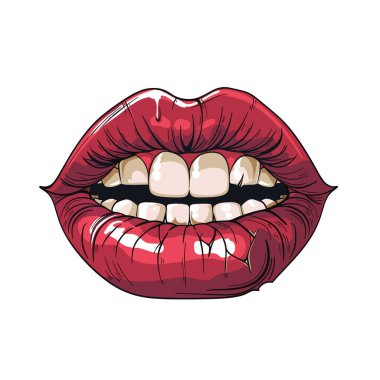 Parlak renkli kırmızı dudaklar, izole edilmiş beyaz arkaplan, parlak dudak dokusu, hafifçe açık ağız, ortaya çıkan dişler, sanatsal tarz, canlı görsel, kozmetik, moda, pop sanatı kullanılacak.