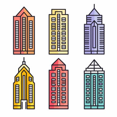 Renkli gökdelenler çeşitli mimari tasarımlar sergiliyor. Şehir merkezindeki vektör illüstrasyonları farklı geometrik yapılar oluşturuyor. İzole edilmiş beyaz arkaplan tasarıma kolay entegrasyon