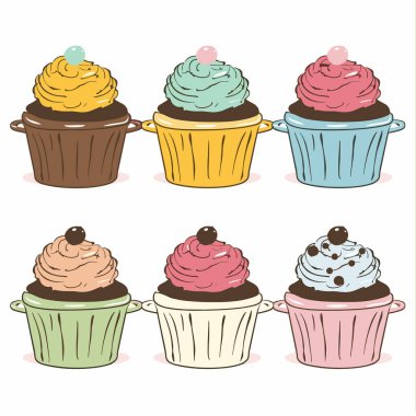 Renkli kekler güzel dekore edilmiş. Çizgi film tarzı kapkekler yaratıcı tatlı tasarımlar. Eşsiz renklerde altı farklı malzeme.