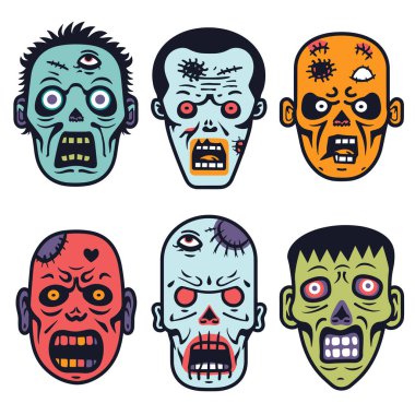 Korkunç zombi çizgi filmi tuhaf ifadelerle karşılaşıyor. Ürkütücü Cadılar Bayramı karakteri çizimleri ölümsüzlerin kafalarında yaralar, dikişler, izole edilmiş beyaz bir arka plan. Korkunç canavar.