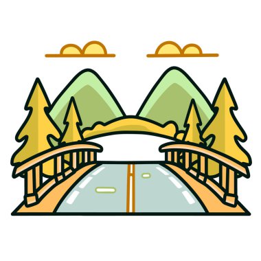 Serene mountain road bridge flanked vibrant trees traversing greenery. Idyllic nature journey highway archway surrounded pine trees. Transport scenic destination wooden bridge lush scenery clipart