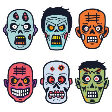 Çizgi film zombi kafaları, korkunç detaylar, farklı renkler, izole edilmiş beyaz arka plan. Çeşitli canavar yüzleri, ölümsüz karakterler, ürkütücü tema, uygun Cadılar Bayramı, posterler, çıkartmalar. Canlı.