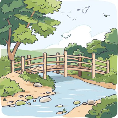 Tahta köprü yavaşça akan akarsuların üzerinden geçer yemyeşil ağaçlar çalı çırpar. Kuşlar manzaranın üzerinde süzülüyor, gökyüzü yumuşacık bulutlar, doğal ortam huzurlu, kırsal ortamı çağrıştırıyor.