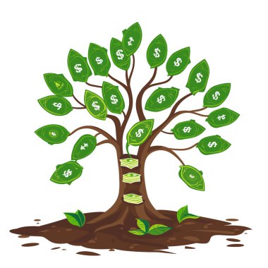 Yaprak yetiştiren para ağacı dolar banknotlarını şekillendirerek finansal büyümeyi sembolize ediyor. Yığılmış para tabanı sağlıklı yeşil toprak servet birikim yatırımlarının geri dönüşünü gösteriyor. Parlak yeşil gölgeler
