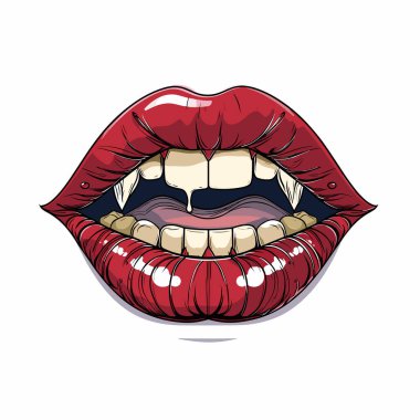 Kırmızı parlak vampir dudakları keskin dişlerin salyalarını akıtıyor. Karikatürist, baştan çıkarıcı, tehditkar fantezi, gotik, korku türleri. Ayrıntılı dijital sanat eserleri, parlak renkler, izole edilmiş beyaz arkaplan