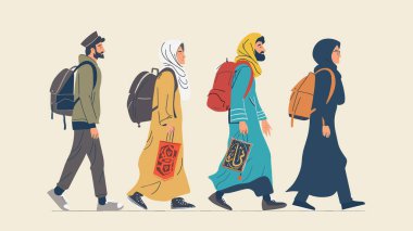 Grup üyeleri geleneksel kıyafetlerini sırt çantasıyla geziyorlar. Etnik çeşitliliğe sahip bireyler çanta taşıyarak başlarını örtüyorlar. Minimalist illüstrasyon yolculuğu yan görünüm hizasında