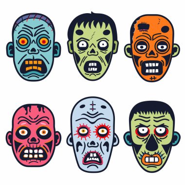 Çizgi film zombisi farklı ifadelerle yüzleşir. Korkunç karakterler. Altı eşsiz avatarla izole edilmiş arka plan. Renkli çizimler ürkütücü canavarlar mavi turuncu kırmızı renkler sanatsal korku tasarımı