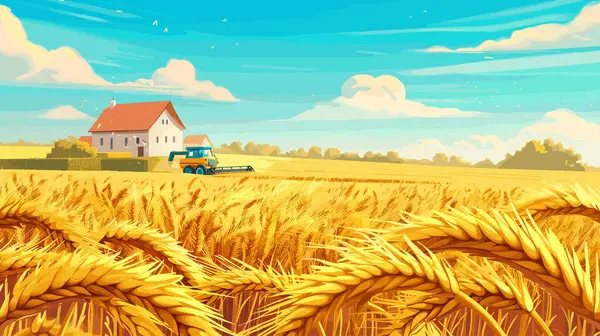 Mavi gökyüzü yakınlarındaki buğday tarlalarını hasat eden hasat makinesi, olgun tahıl ekinleri tarım arazisi. Altın buğday tarlası hasat, makine, kırsal, yaz mevsimi