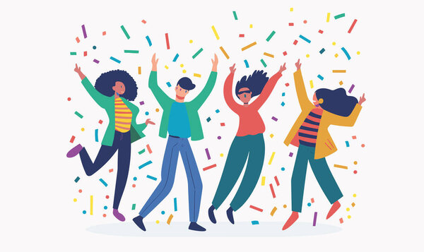 группа разнообразных молодых людей танцуют, празднуют, веселые счастливые выражения. Яркие красочные конфетти, яркая одежда, изолированный белый фон. Случайный наряд, позитивная, праздничная атмосфера