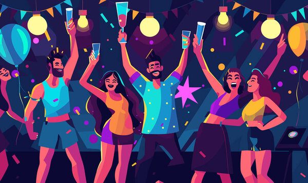 Group friends celebrating nighttime party. Young men women diverse ethnicities drinking cocktails. Colorful lights balloons joyful atmosphere dancing DJ booth