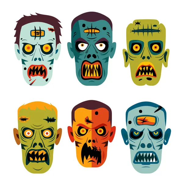 stock vector Halloween zombie heads graphic vector illustration scary monster designs isolated white background. Six different zombie faces masks animation cartoon style. Creepy undead horror artwork Halloween