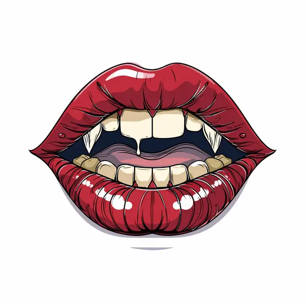 stock vector Red glossy vampiric lips revealing sharp fangs drool. Cartoonish, seductive, menacing display fantasy, gothic, horror genres. Detailed digital artwork, bright colors, isolated white background