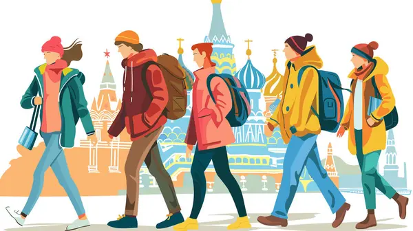 stock vector Young adults walking winter attire backpacks iconic landmarks behind diverse group sightseeing students travel urban adventure. Colorful vector illustration tourism exploring city educational trip