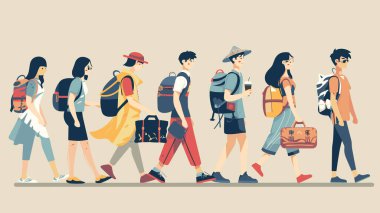 Genç, çeşitli gezginler rastgele macera yolculuğu çizgi film stili yürüyorlar. Çok kültürlü turistler sırt çantası taşıyorlar. Rahat ve dost canlısı bir seyahat atmosferi var. Erkekler kadınlar farklı yaşlarda