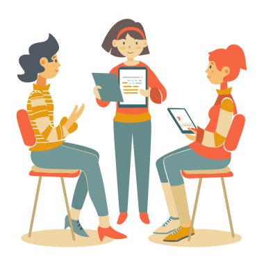 Elinde tabletlerle proje tartışan üç kadın. Kadın iş arkadaşları, iş kıyafetleri toplantı sırasında konuşmalar. Ofis ekibi beyin fırtınası yapıyor, belgeleri birlikte inceliyor.
