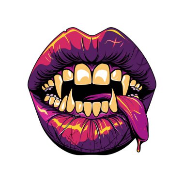 Palyaço gibi abartılmış ağız karikatürü vampir dişlerini gözler önüne seriyor, dili dışarı fırlamış, parlak renkler, damlayan tükürük, pop sanatı tarzı izole edilmiş beyaz arka plan. Ölümcül dudaklar tehlikeli keskin