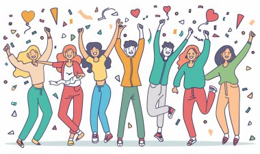 Grup mutlu anı kutluyor, renkli konfeti düşüyor, farklı arkadaşlar birlikte gülümsüyor. Neşeli, canlı kıyafetler, hareketli ifadeler, çok ırklı bireyler tezahürat eden gençler. Heyecanlı