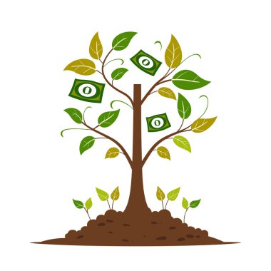 Büyüyen para ağacı, kavramsal finansal illüstrasyon, soyutlanmış beyaz arka plan. Yatırım, para biriktirme, yeşil yapraklar, bitki metaforu zenginliği. Zenginlik sembolü, filizlenen para birimi, vektör