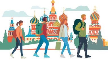 Renkli tarihi yerleri keşfeden gezginler, St. Basils Katedrali 'ni gezen gezginler, Rusya, turizm macera bagajları Rus mimarisi, gençlerin kültürel macera keşfi