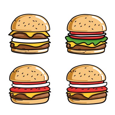 İçinde istiflenmiş et köfteleri, marul, domates, peynir ve izole edilmiş beyaz arka plan bulunan çizgi film hamburgerleri. Canlı resimli fast food sandviçleri farklı bileşenleri gösteriyor. İdeal yemek.
