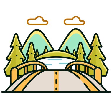 Yol köprüsünün yer aldığı manzara çizimi, çam ağaçları, dağlar, nehir bulutları, izole edilmiş beyaz arka plan. Canlı doğa manzarası karikatür tarzı açık hava seyahati yaz aylarında sakin bir gün batımı