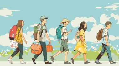 Gençler doğa manzarası için sırt çantalarını gezdirirken macera yaşarlar. Toplu seyahat, kırsal alanda mavi gökyüzünü keşfediyor. Eğitim gezisi okul gezisi gençlik yürüyüşü. Çeşitli grup gençleri yürüyüşe çıktı