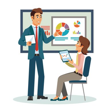 Analitiği tartışan iş adamları, düz karakterli turta grafiklerinin oda gelişimiyle buluştuğunu bildirdi. İşadamı kırmızı kravat ile dikilip veri görselleştirme ekranını açıklıyor