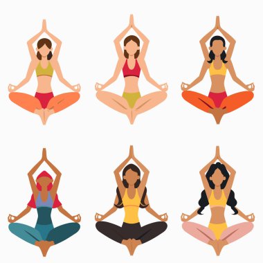 Yoga yapan altı farklı kadın nilüfer çiçeği pozu veriyor, izole edilmiş beyaz arka plan. Yoga kadın meditasyonu, çeşitli kıyafetler, farklı etnik kökenler, rahatlama eğitimi. Namaste pozları, spor kıyafetleri.